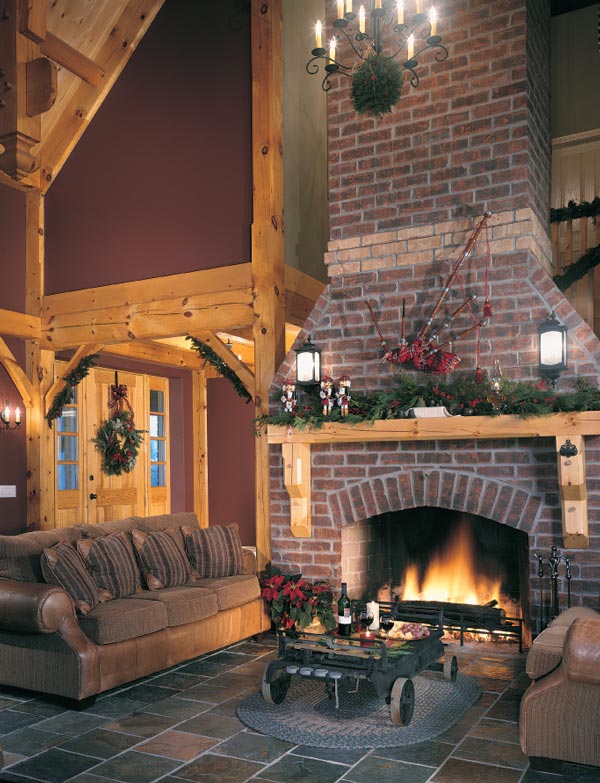 Red Brick Fireplace with Wood Mantel