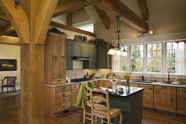 Platium Leed Certified Post and Beam Timber Frame Home Kitchen with small island